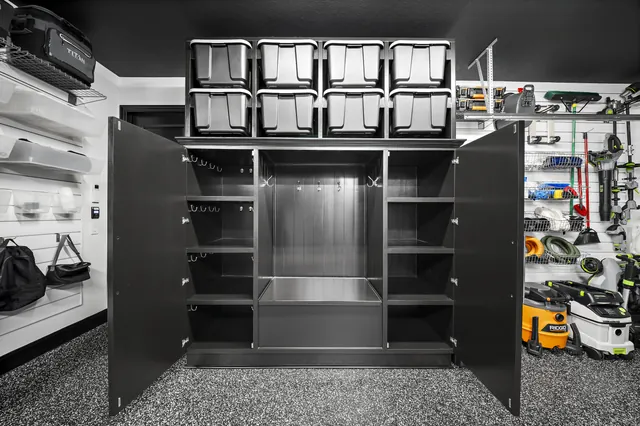 Enclosed storage reduces the visual noise of smaller supplies.