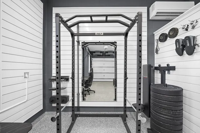 Fitness equipment arranged for use within the shared zone.