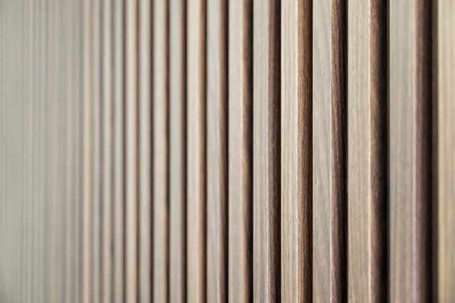 Detail of the decorative wood-slat finish.