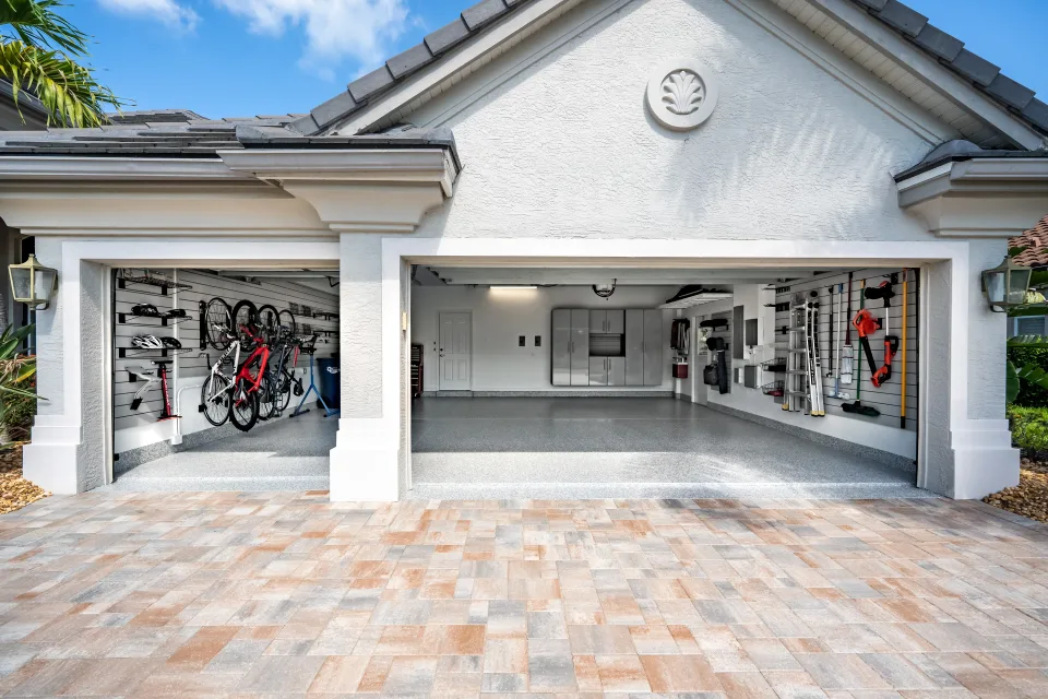 The completed garage and its storage areas photographed from the driveway.